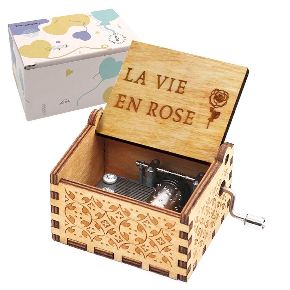 2927 La Vie En Rose Wood Music Box, Hand Crank Engraved Vintage Wooden